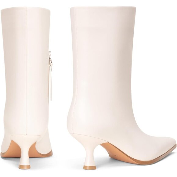 Women White Kitten Heel Pointed Toe Stiletto Faux Leather Mid Calf Ankle Booties - Picture 7 of 7